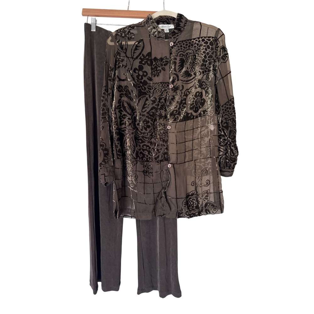 Coldwater Creek Set PS Olive Brown Devore Velvet Burnout Sheer Tunic Whimsigoth